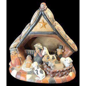Handcrafted Clay Nativity Scene with Rustic Hut & Animals Hand-Painted Details A